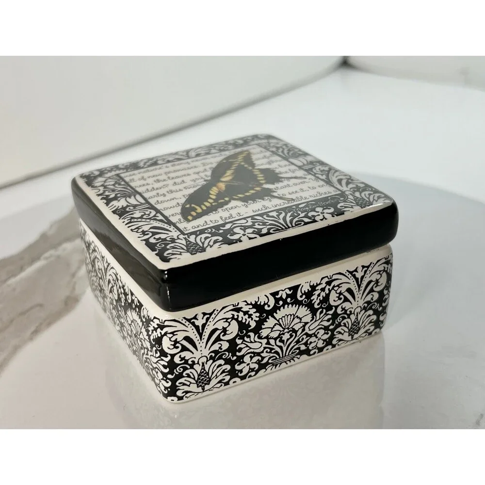 Swallowtail Butterfly ceramic Trinket Jewelry Box Black and White Demdaco
